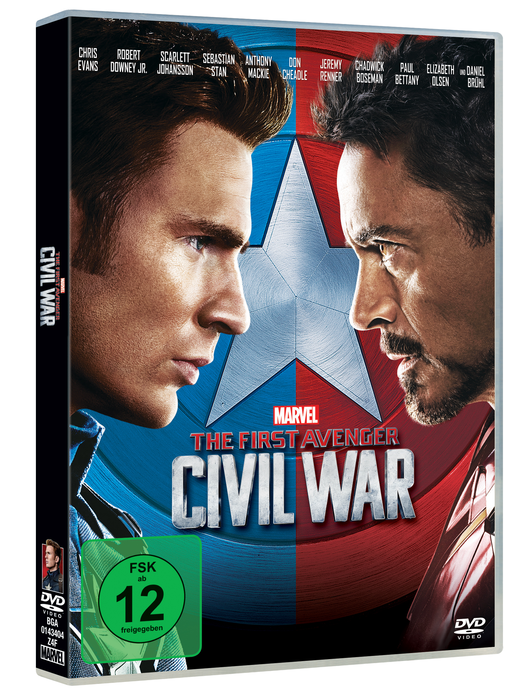 DVD-Cover von Captain America und Iron Man, die sich gegenüberstehen, mit dem Civil War-Logo.
