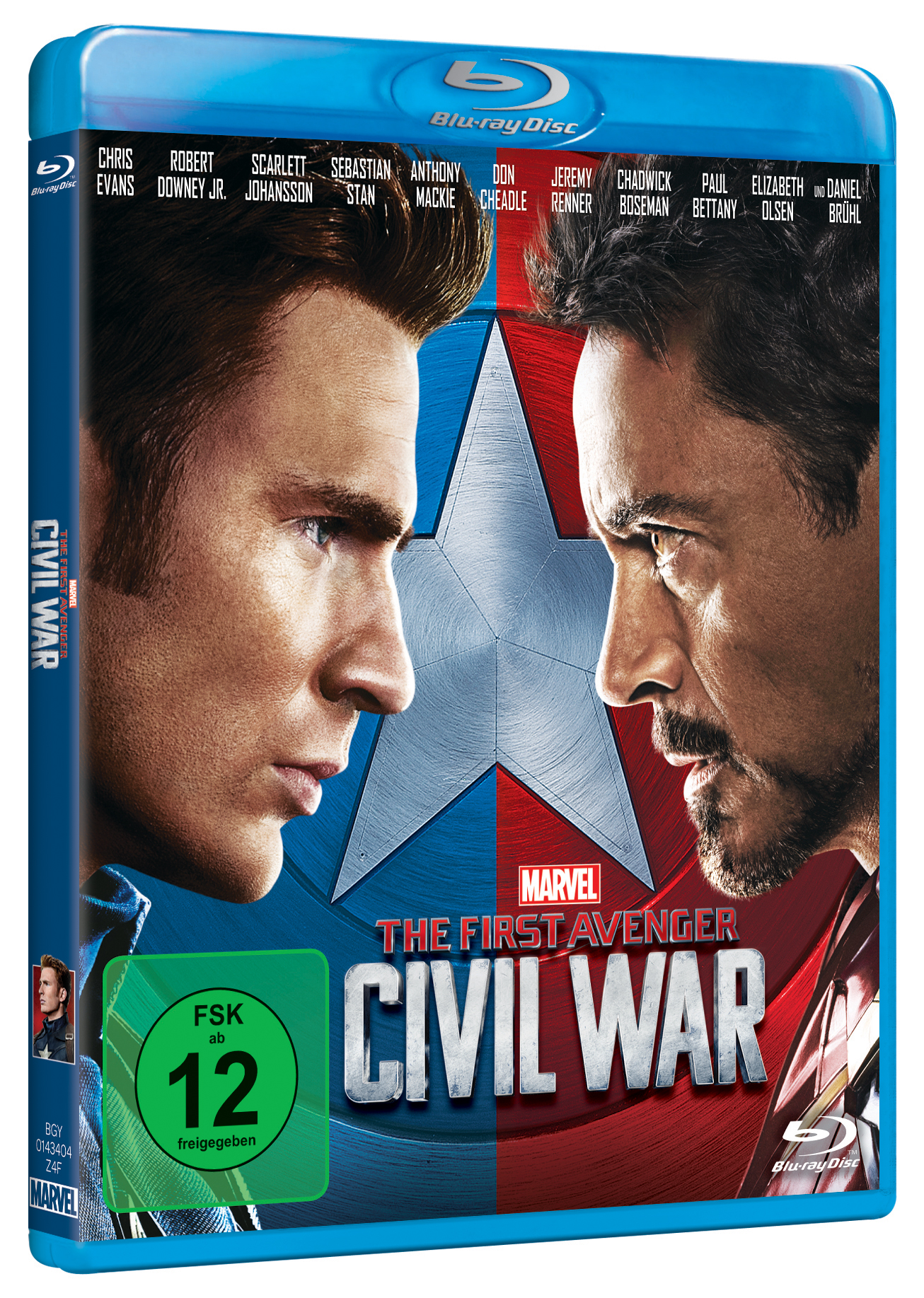 Blu-ray von Captain America: Civil War. Chris Evans und Robert Downey Jr. stehen sich vor blauem/roten Hintergrund gegenüber.