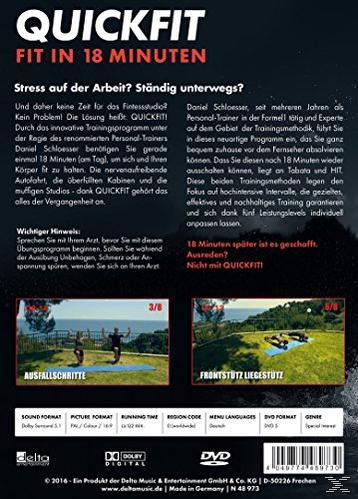 Rückseite einer DVD-Hülle, die QUICKFIT bewirbt, mit Übungsbildern und Text.