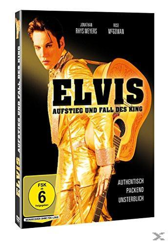 DVD-Cover mit Elvis in Goldanzug mit Gitarre. Titel: Elvis Aufstieg und Fall des King.
