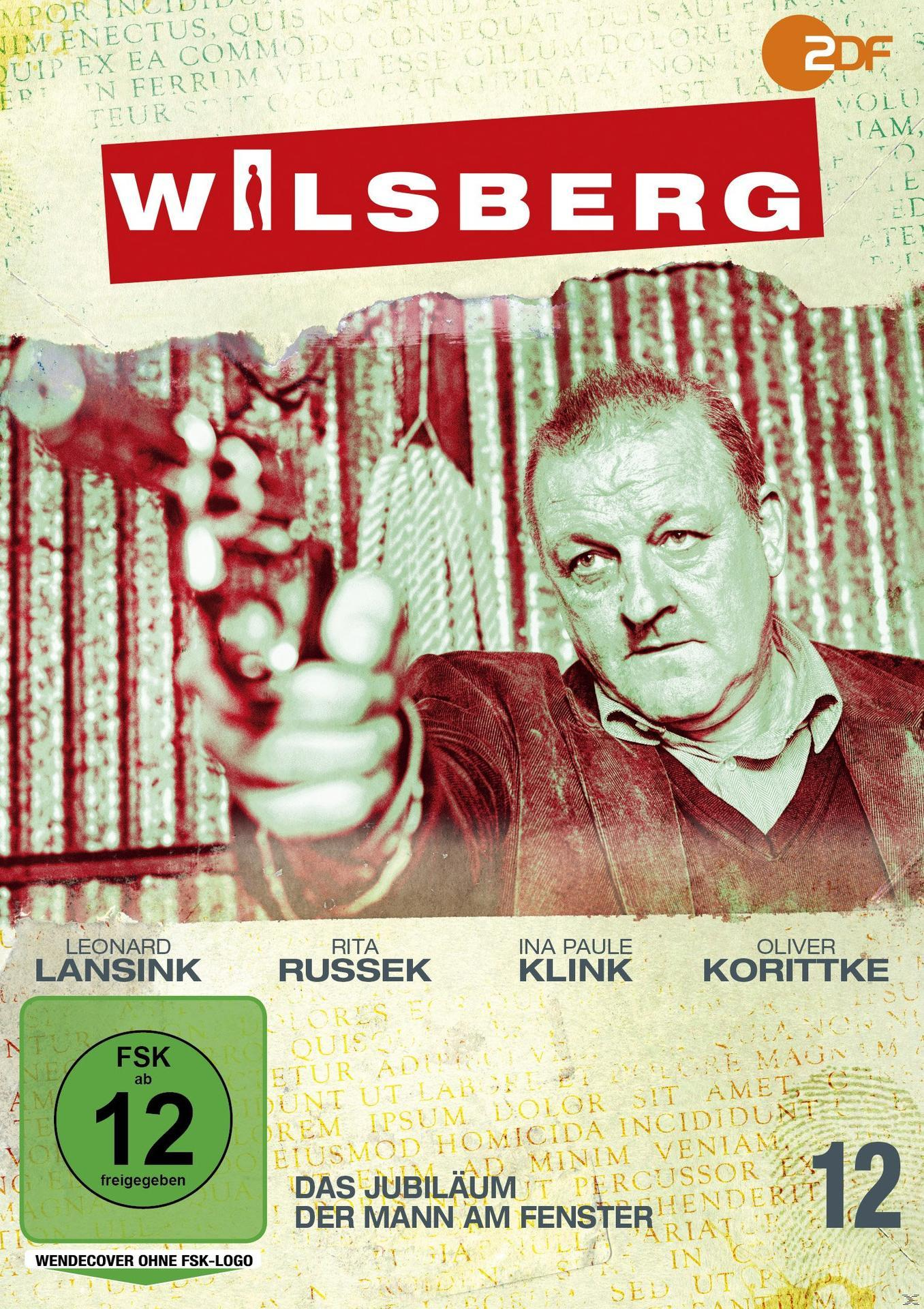 Filmcover: Wilsberg. Mann mit Waffe, mit Text und Bewertung auf strukturiertem Hintergrund.