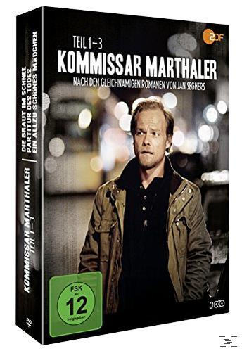 DVD-Cover: Mann in Jacke. Titel: Kommissar Marthaler. Serie 1-3. Freigegeben ab 12 Jahren. Enthält 'Braut im Schnee'.