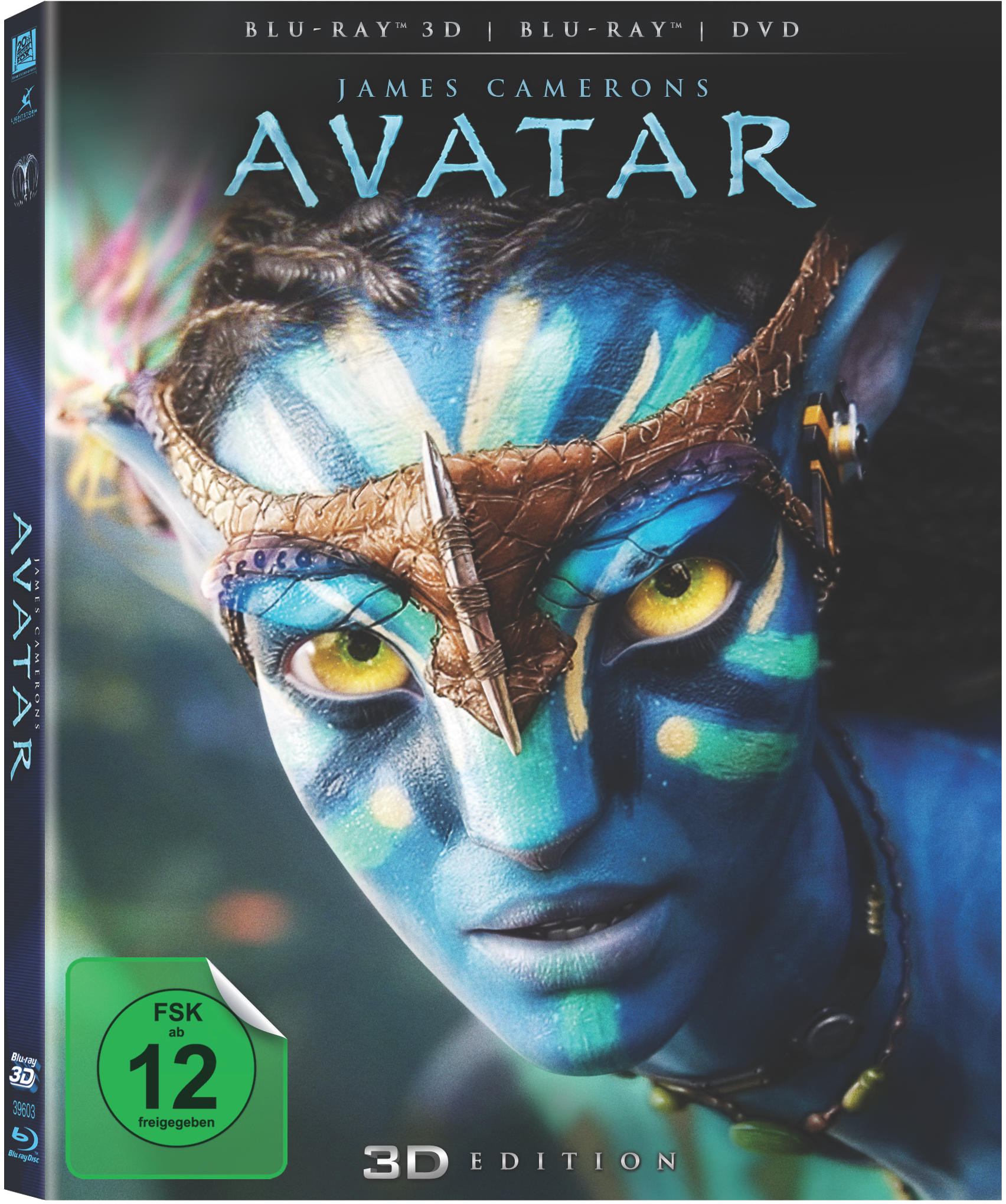 Avatar Blu-ray-Cover mit einem blauen Alien-Gesicht mit gelben Augen und Stammesmarkierungen.