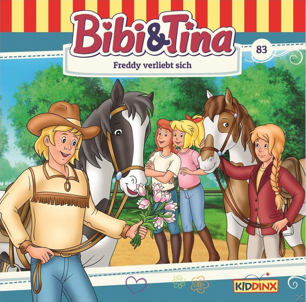 Bibi & Tina Cover: Ein Cowboy bietet drei Mädchen mit Pferden Blumen an.
