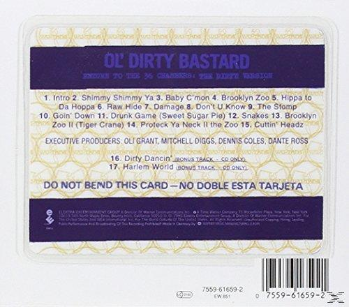CD-Rückseite mit Titelliste und Credits für Ol' Dirty Bastard's 'Return to the 36 Chambers'.