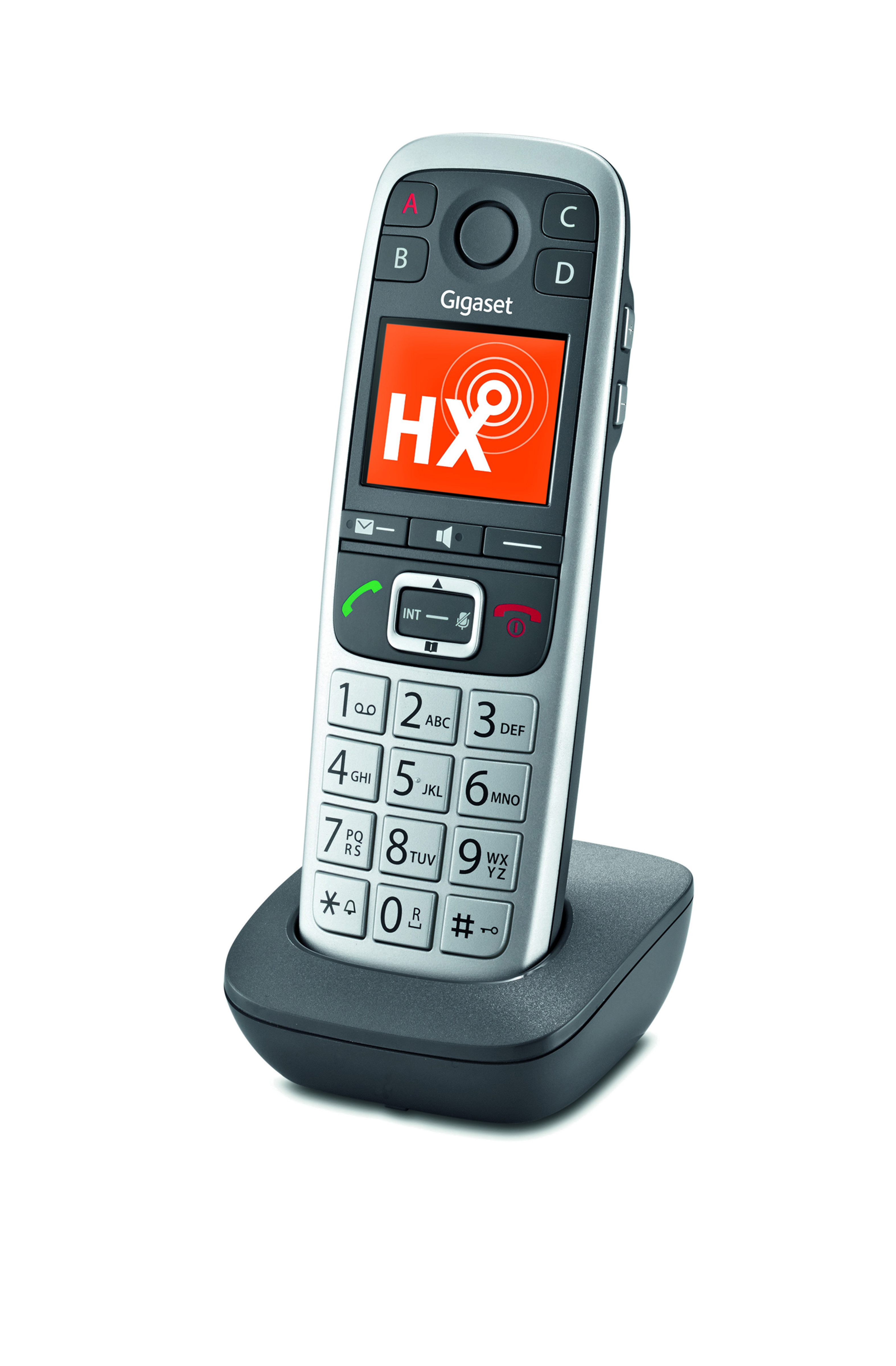 Silbernes schnurloses Gigaset-Telefon auf schwarzer Basis, mit orangefarbenem Bildschirm mit 'HX' und Tastatur.