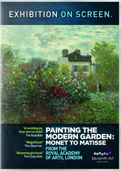 DVD-Hülle mit Gemälde eines Gartens, Monet bis Matisse. Text, "Exhibition on Screen."
