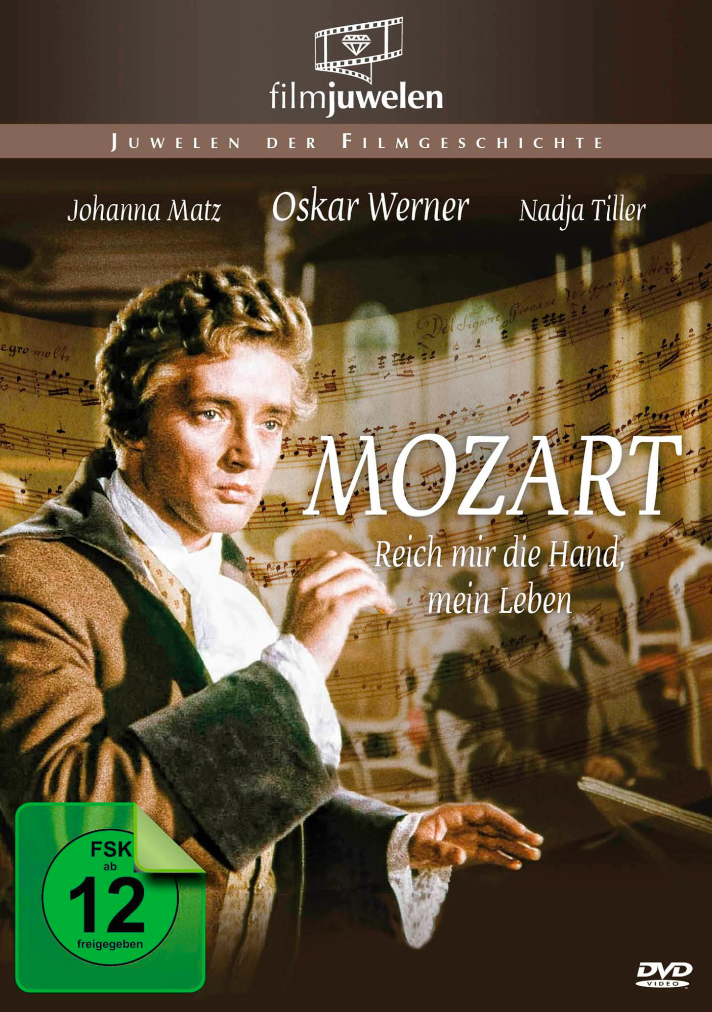 Ein Filmplakat mit einem Mann in einer gepuderten Perücke und Jacke. Der Titel lautet 'MOZART'.