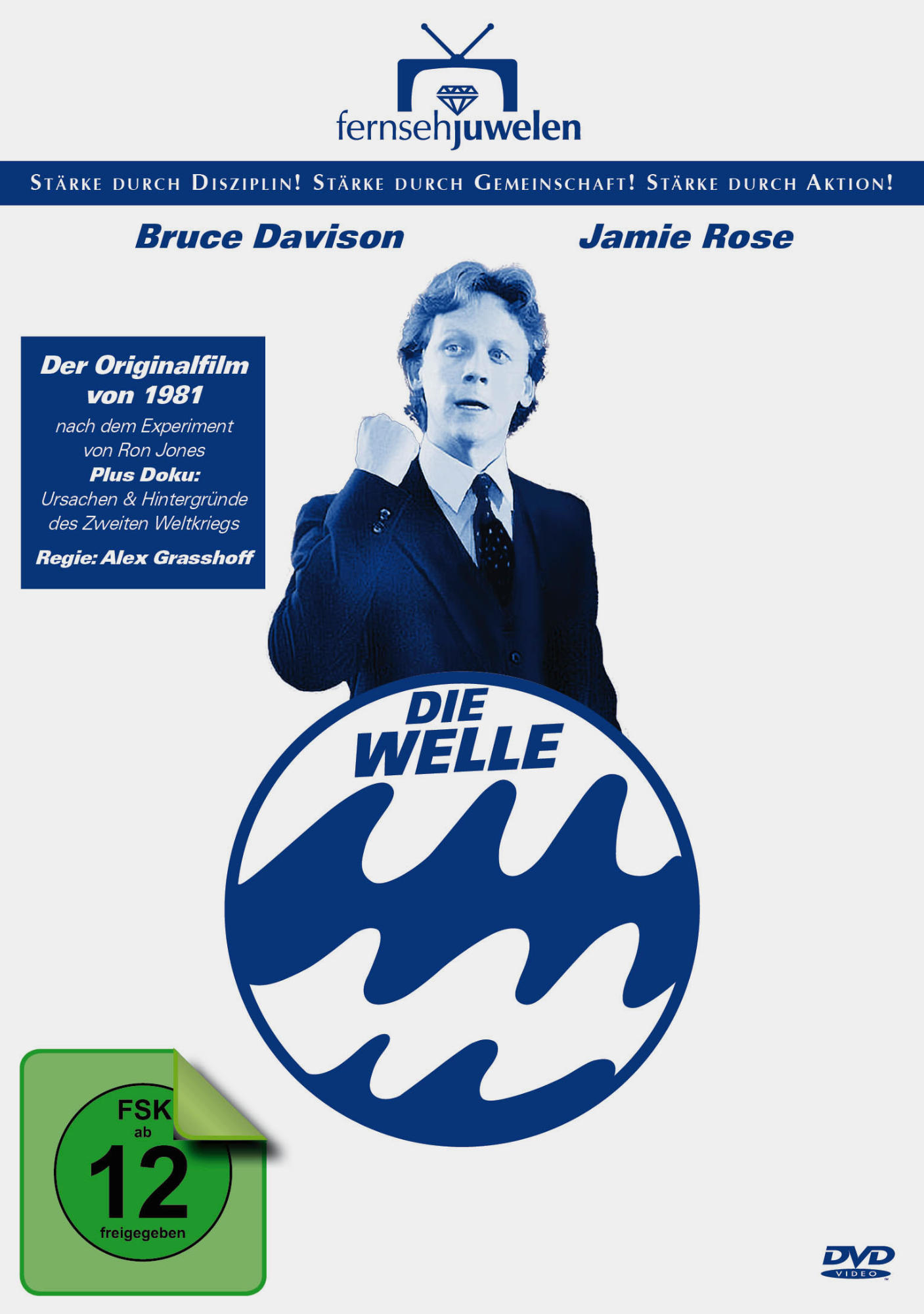 DVD-Cover mit einem Mann im Anzug, einem blauen Wellenlogo und Text. Der Titel ist 'Die Welle'.