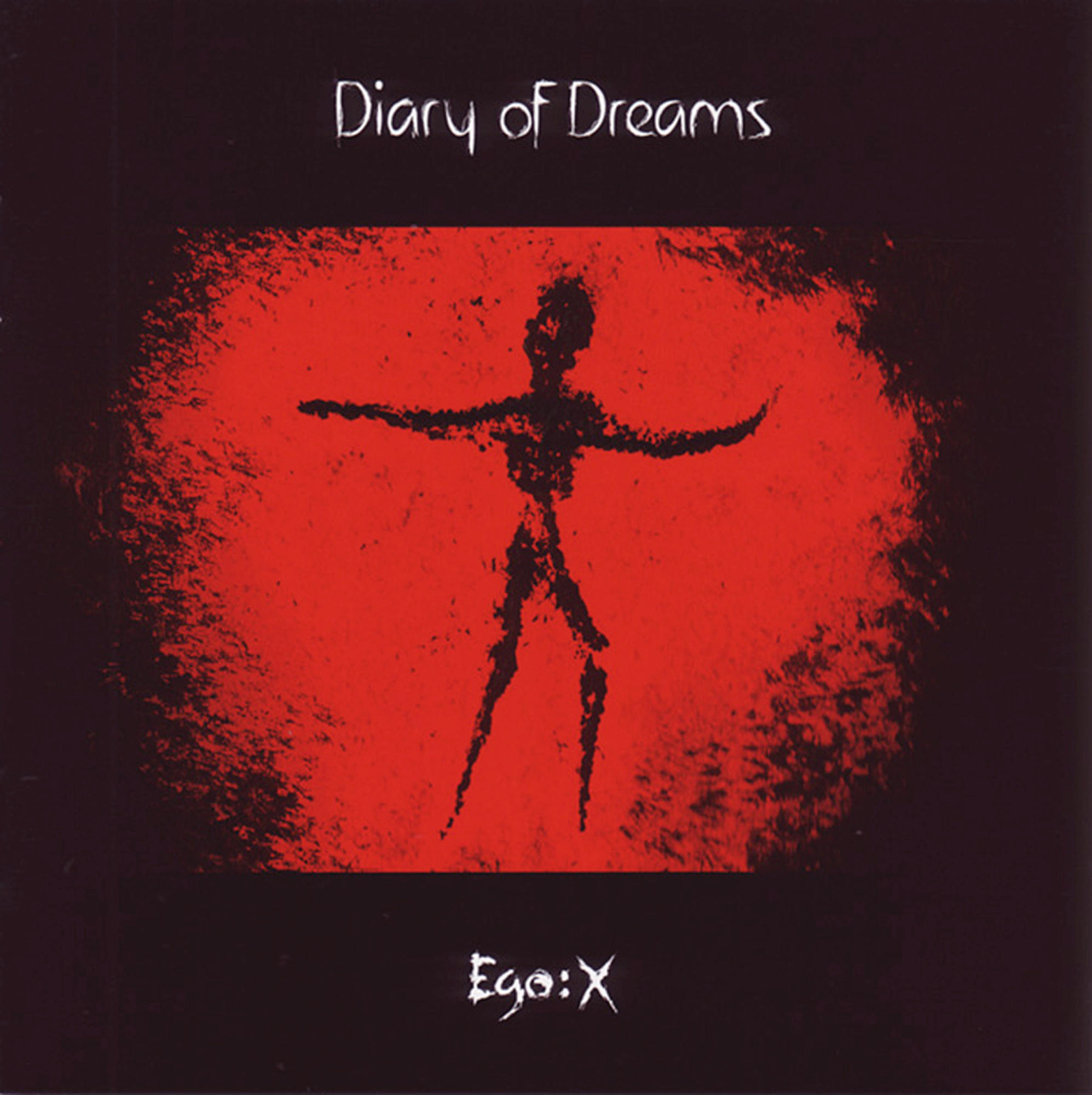 Albumcover: Schwarz und rot. Eine Strichfigur mit ausgestreckten Armen befindet sich in einem roten Kreis. Text: Diary of Dreams, Ego:X.