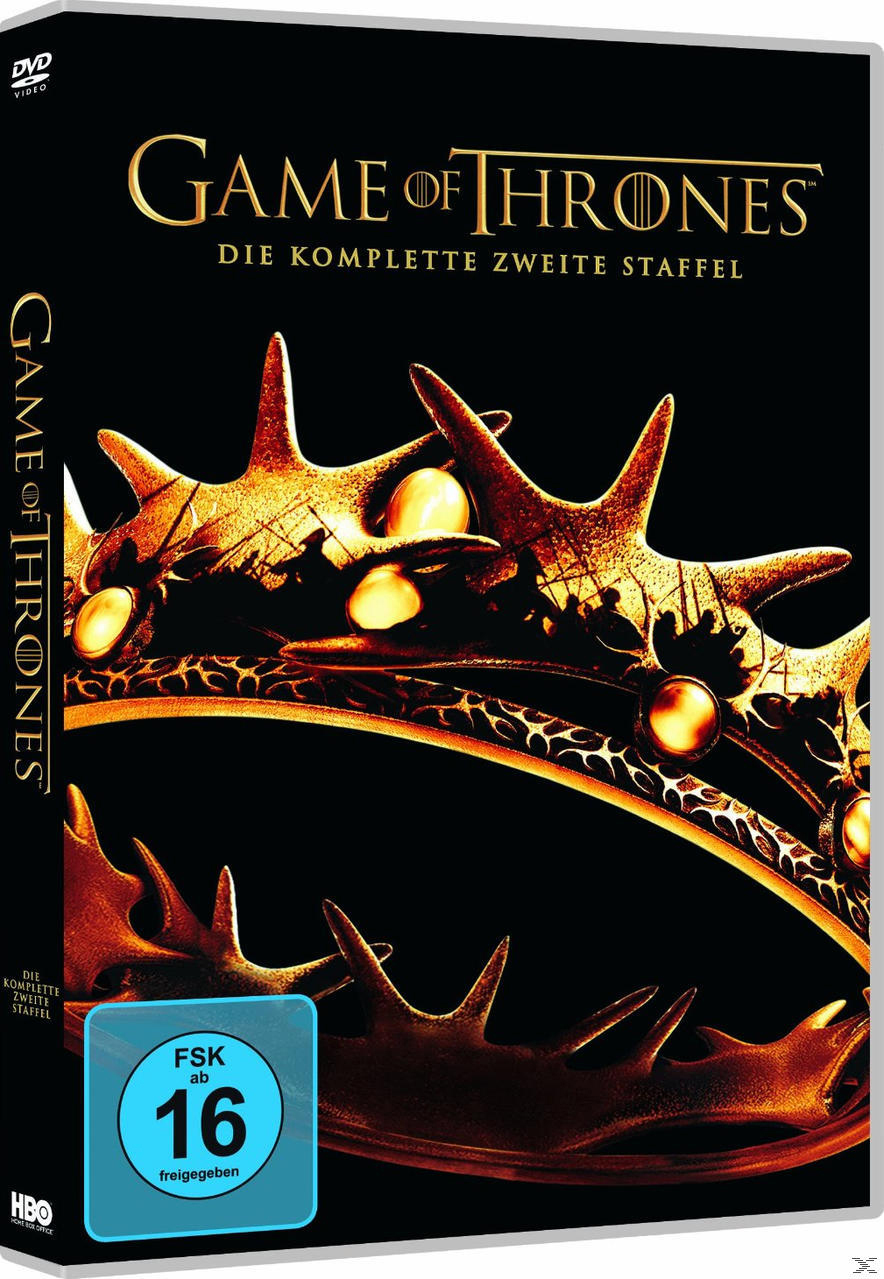 DVD-Hülle für Game of Thrones, Staffel 2. Schwarzer Hintergrund mit einer Krone und dem Titel in goldener Schrift.