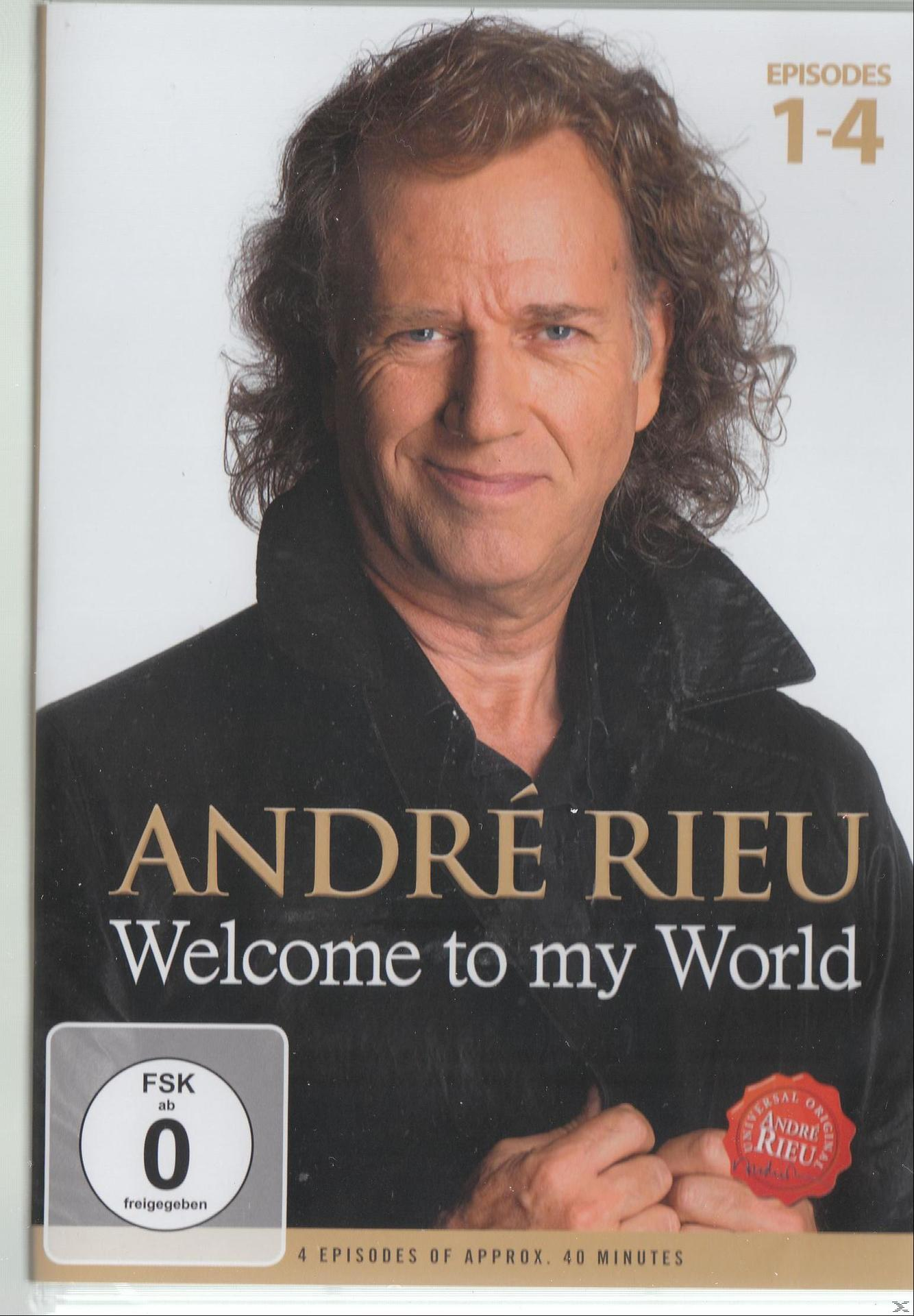 André Rieu DVD borító, mosolygó férfi elöl. Szöveg: Welcome to my World. 1-4 epizód.