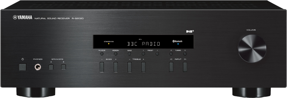 Schwarzer Yamaha-Receiver mit Display, das BBC RADIO anzeigt, und Lautstärkeregler.