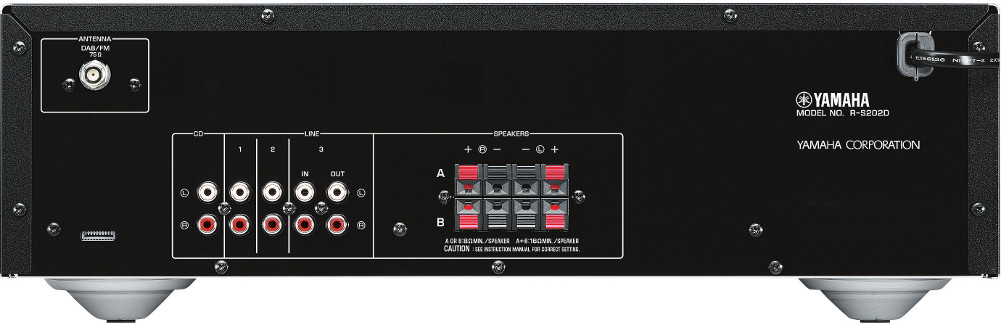 Rückseite eines Yamaha-Receivers. Enthält Ein-/Ausgangsanschlüsse, Lautsprecheranschlüsse und das Yamaha-Logo.