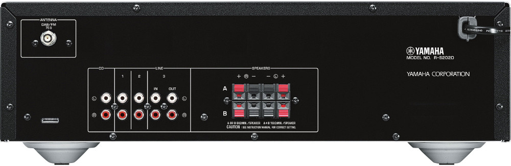 Vue arrière d'un récepteur Yamaha noir avec divers ports d'entrée et de sortie.