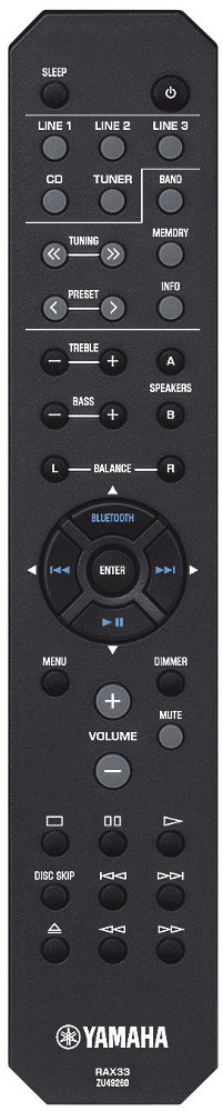 Télécommande Yamaha noire avec plusieurs boutons, dont le volume, le réglage et le Bluetooth.