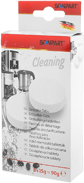 Pudełko tabletek odkamieniających, z tekstem w kilku językach. Produkt czyszczący.