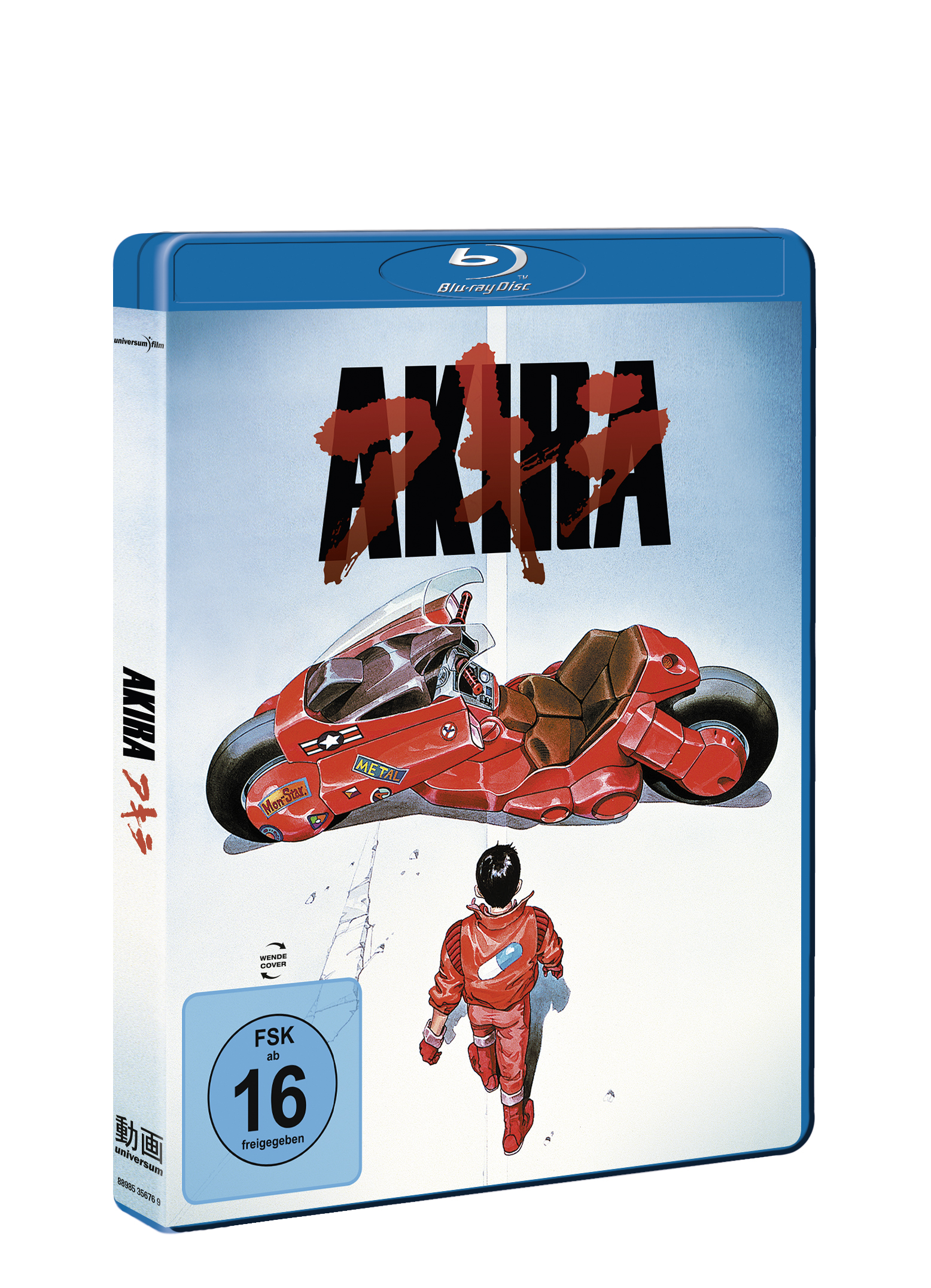 Blu-ray-Cover von Akira. Enthält ein rotes Motorrad und eine rennende Figur. Blaues und rotes Farbschema.