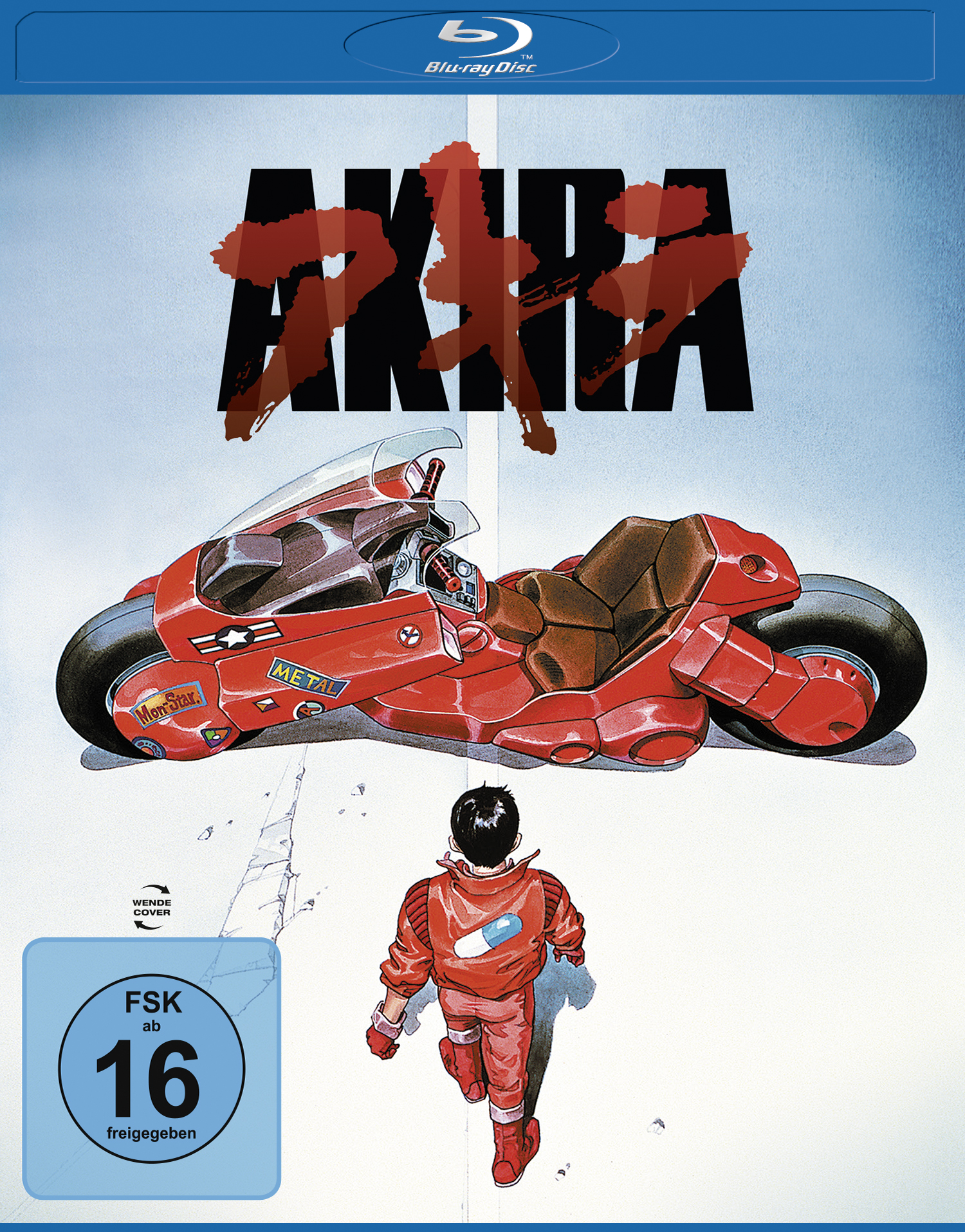 Akira-Filmcover. Rotes Motorrad, ein Kind rennt. Blauer Hintergrund. Japanischer Text und Logo.