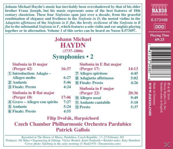 Rückseite eines CD-Covers mit Noten, Text über Johann Michael Haydn und einer Liste von Symphonien.
