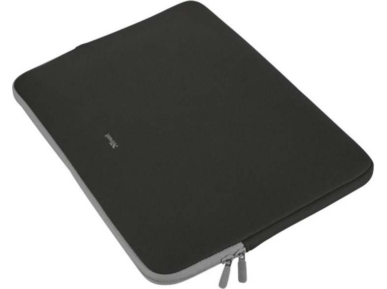 Fekete laptop tok, szürke cipzárral és a 'trust' logóval.