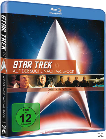 Star Trek III Blu-ray-Hülle mit dem Starfleet-Insignien. Blauer Hintergrund und Bilder von Schauspielern.