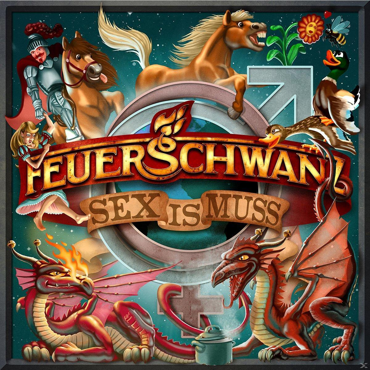Albumcover mit Zeichentrickfiguren: Drachen, Pferde und ein Ritter. Text auf Deutsch: Feuer & Schwanz.