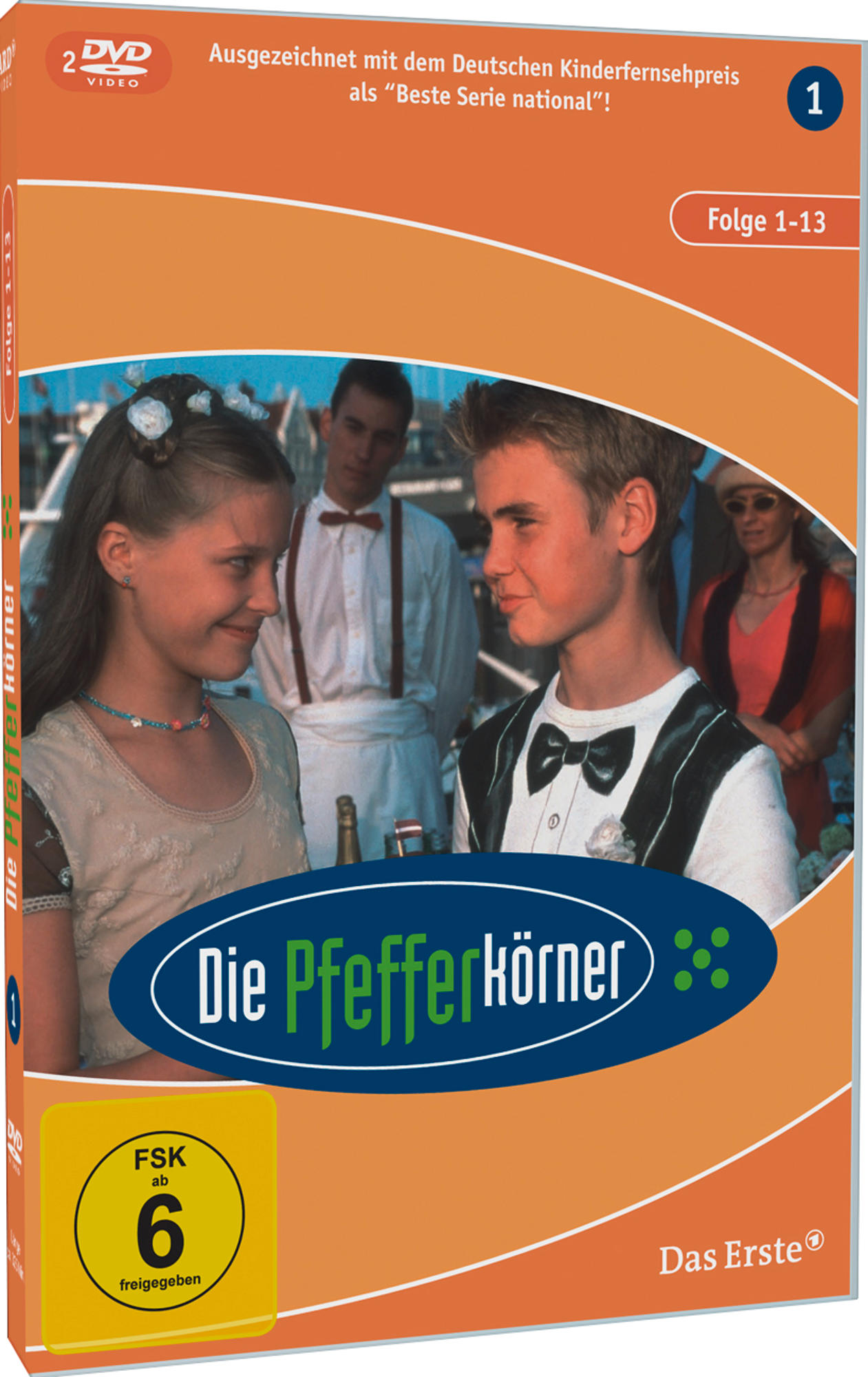 DVD-Box für eine Kinderserie. Zwei Kinder schauen sich an. Der Titel ist grün.