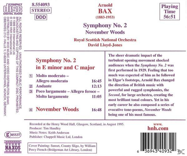 Rückseite einer CD-Hülle mit Arnold Bax' Symphonie Nr. 2. Text mit Titeln und Details.