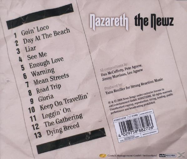 Albumcover mit Titelliste und Bandnamen 'Nazareth the Newz' auf beigem Hintergrund.