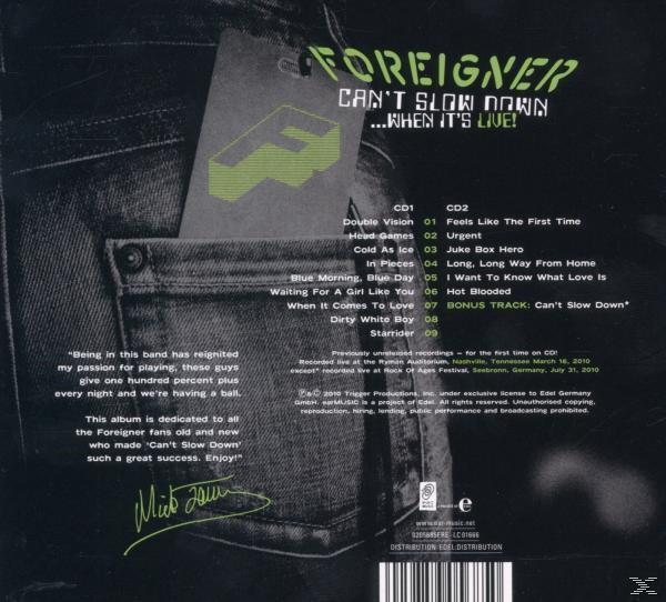Albumcover mit Trackliste 'Foreigner Can't Slow Down' und Jeanstaschen-Grafik.