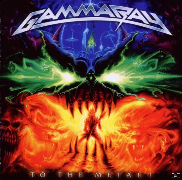 Gamma Ray 'To the Metal!' Albumcover. Feurige Bilder mit einer Figur und einem Totenkopf.
