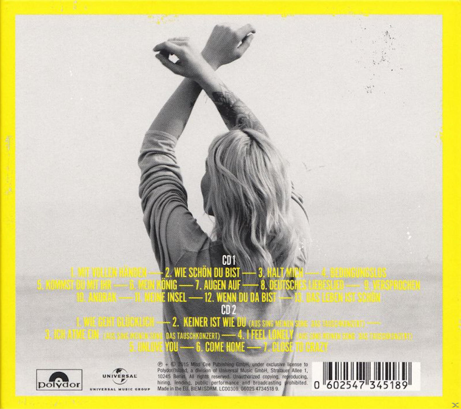 CD-Cover mit einer blonden Frau, verschränkten Armen, Songtiteln und Text auf Deutsch. Gelber Hintergrund.