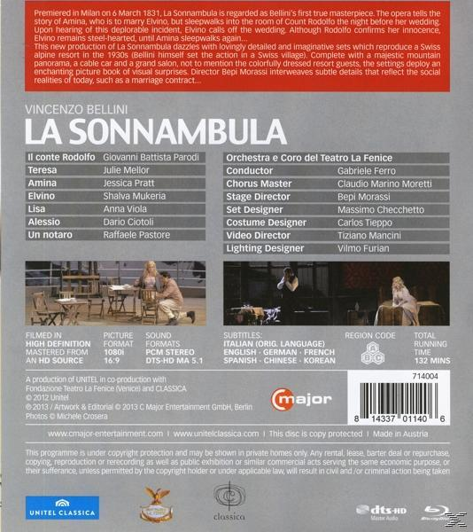 Rückseite einer DVD-Hülle mit Text und Bildern zur Oper 'La Sonnambula'.