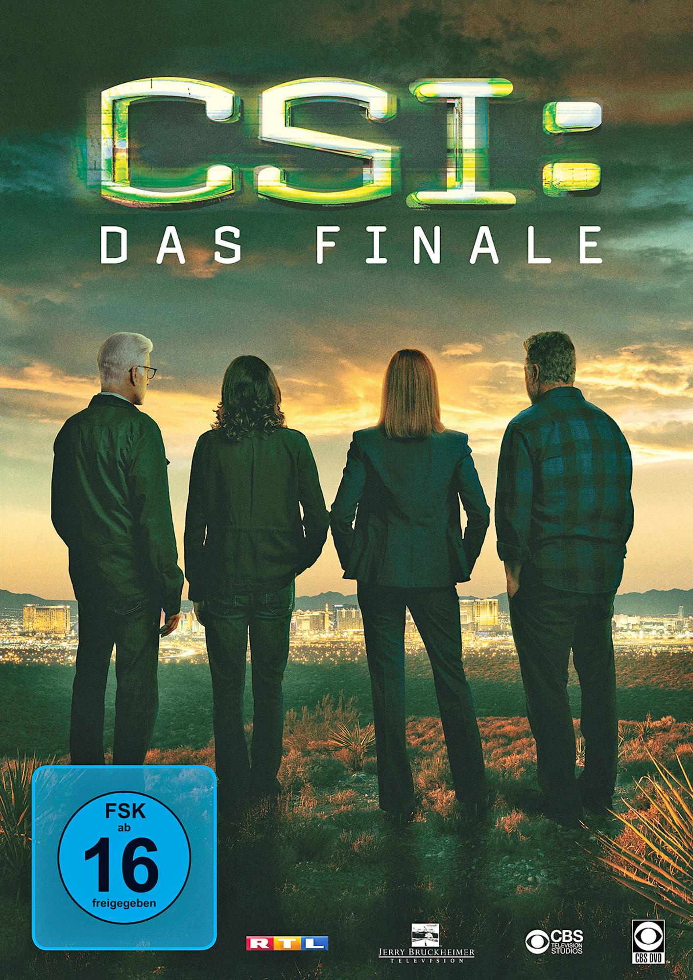 CSI DVD-Cover. Vier Personen stehen mit dem Rücken zum Betrachter vor einer Stadtlandschaft bei Sonnenuntergang.