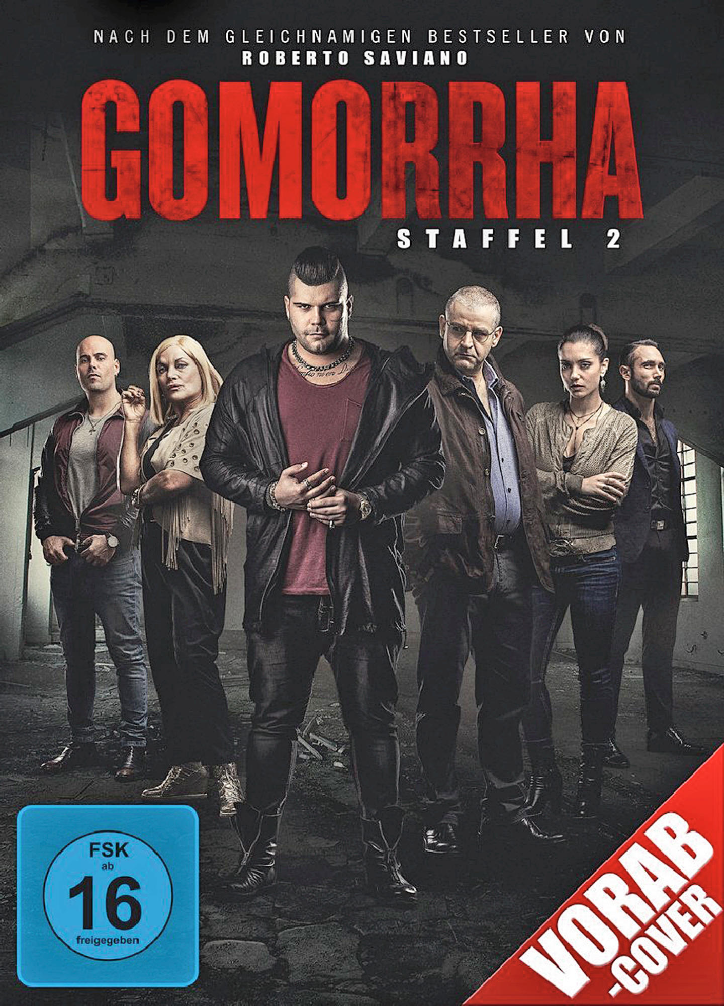 DVD-Cover mit einer Gruppe von Leuten, Titel GOMORRHA, ein Warnschild unten.