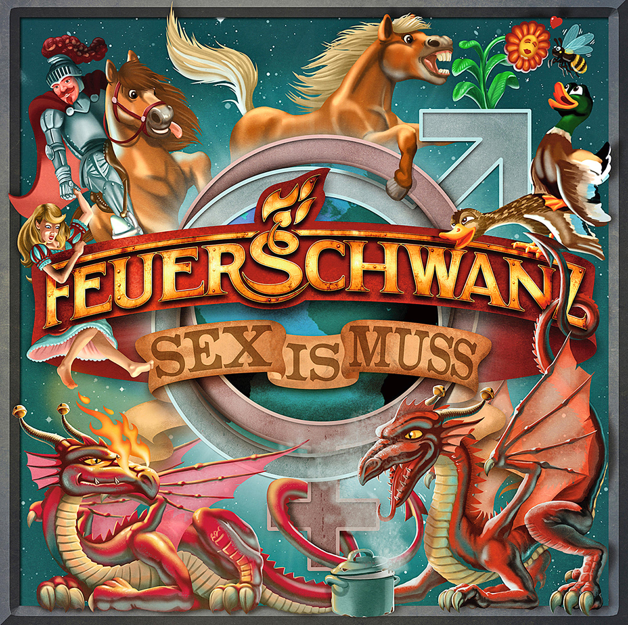 Fantasiebild mit Drachen, Ritter, Pferden und einer Frau. Der Titel lautet 'Feuerschwanz Sex is Muss'.