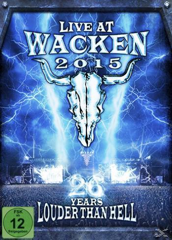 DVD-Cover für 'Live at Wacken 2015' mit Totenkopf und Blitzen.
