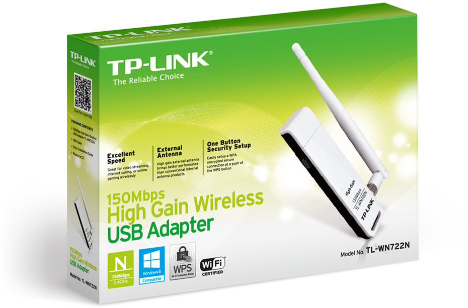 Doboz vezeték nélküli USB adapterrel és termék részletekkel.