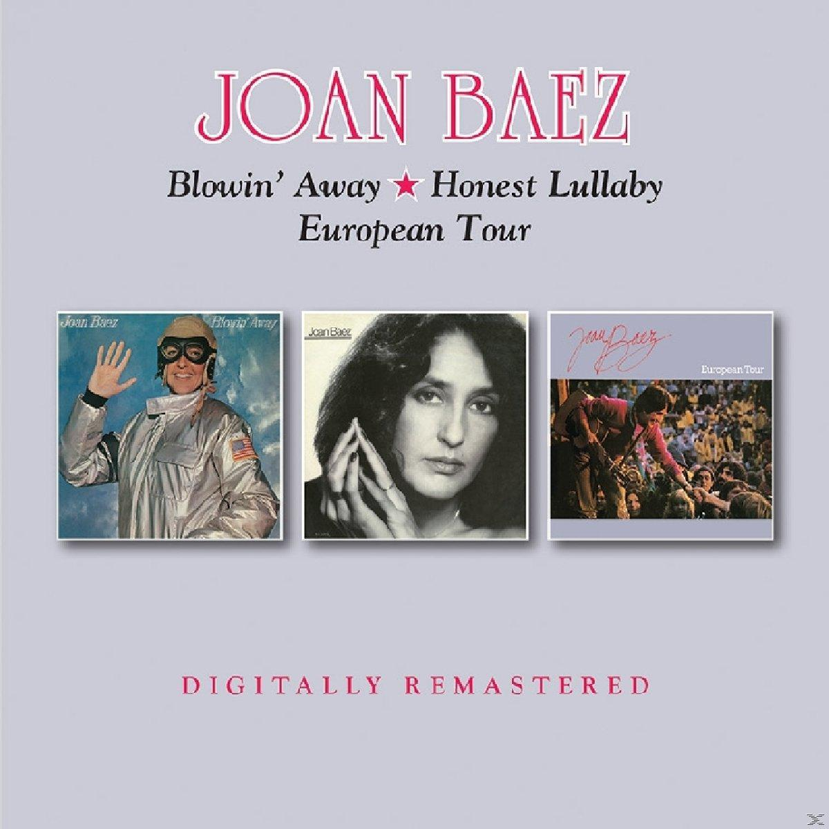 Albumcover mit drei Bildern, Joan Baez und Text mit „Blowin' Away“ und „European Tour“.