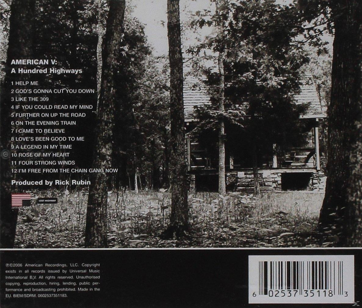 CD-Cover: Bäume und eine Hütte im Hintergrund. Text: American V: A Hundred Highways.