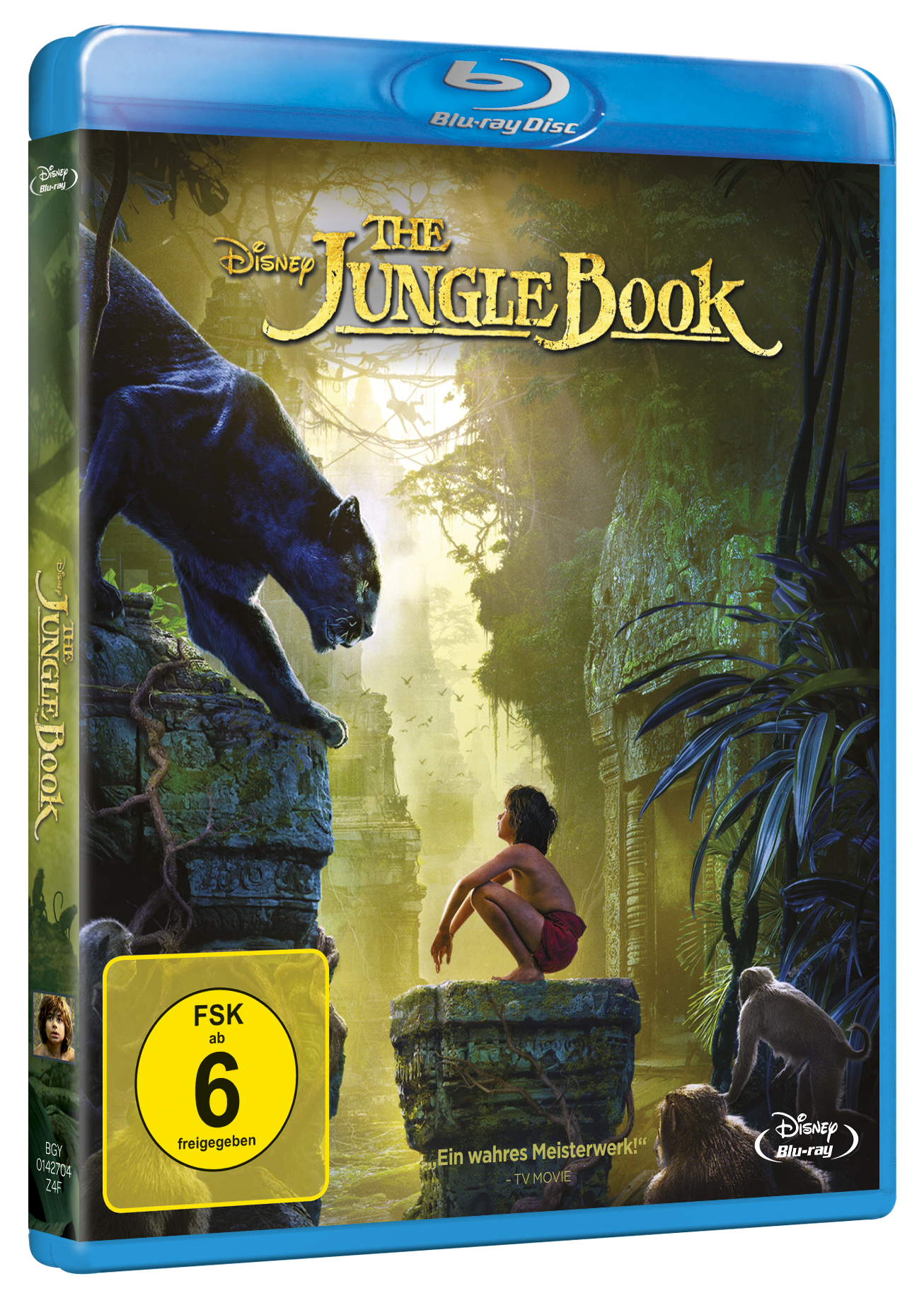 Blu-ray-Hülle von 'The Jungle Book' mit Panther, Junge und Dschungelkulisse. Enthält deutsche Altersfreigabe.