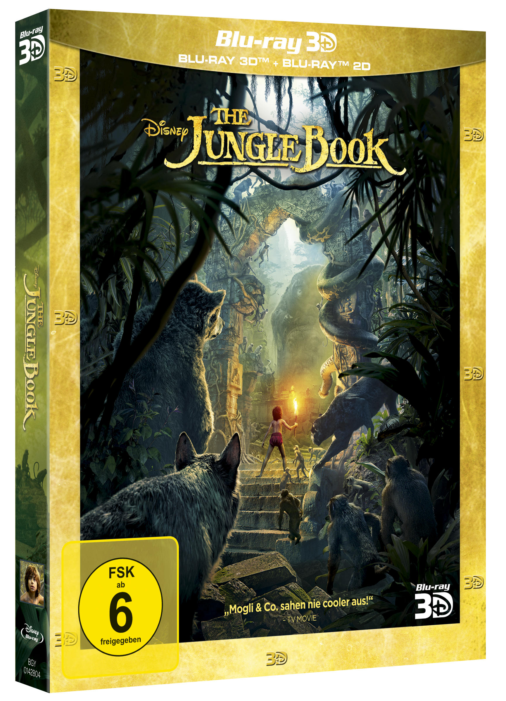 Blu-ray-Cover für The Jungle Book mit Mogli, Tieren und einer Dschungelszene.