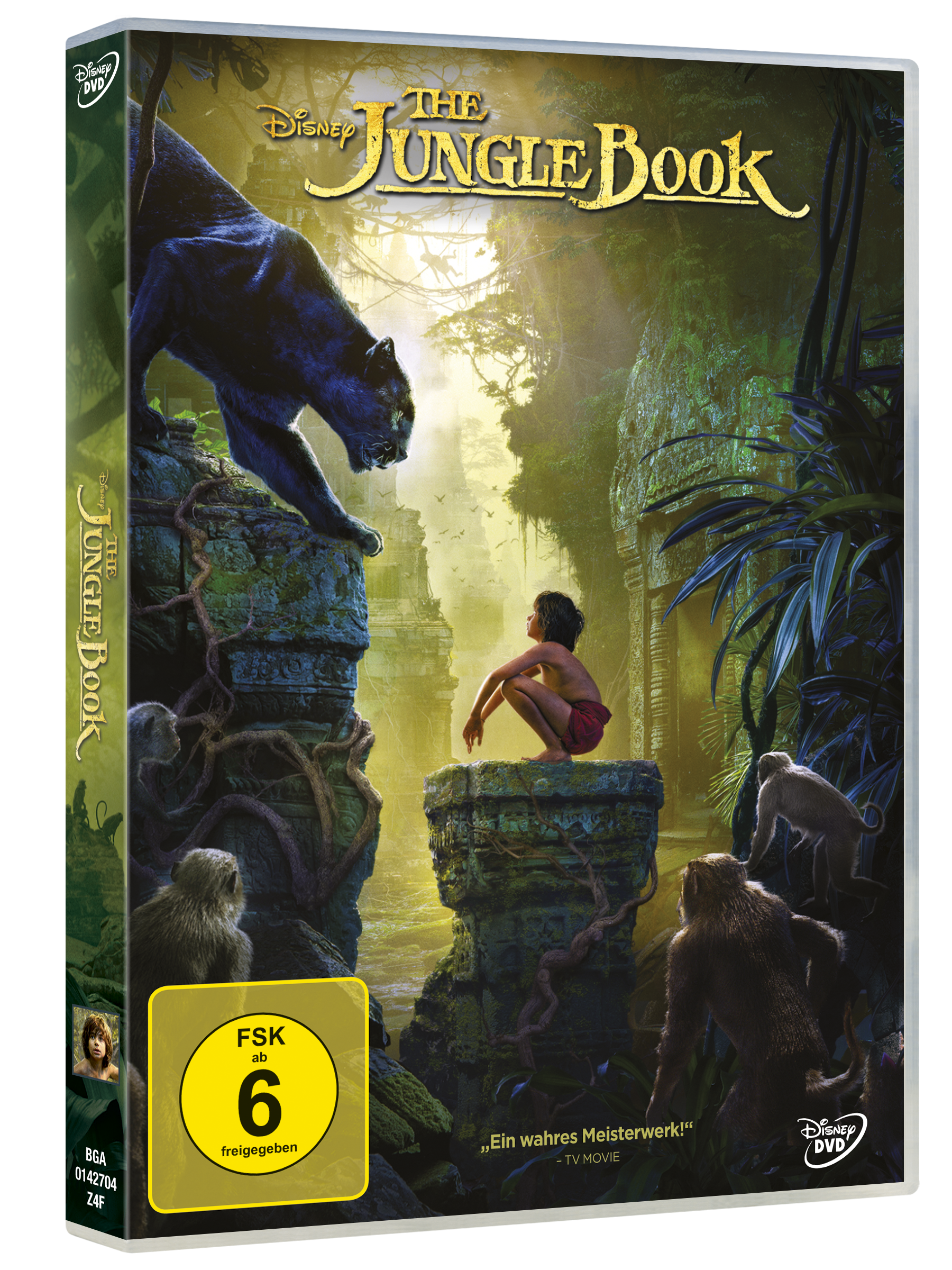 The Jungle Book DVD-Cover mit einer Dschungelszene und einem Jungen mit einem Panther.