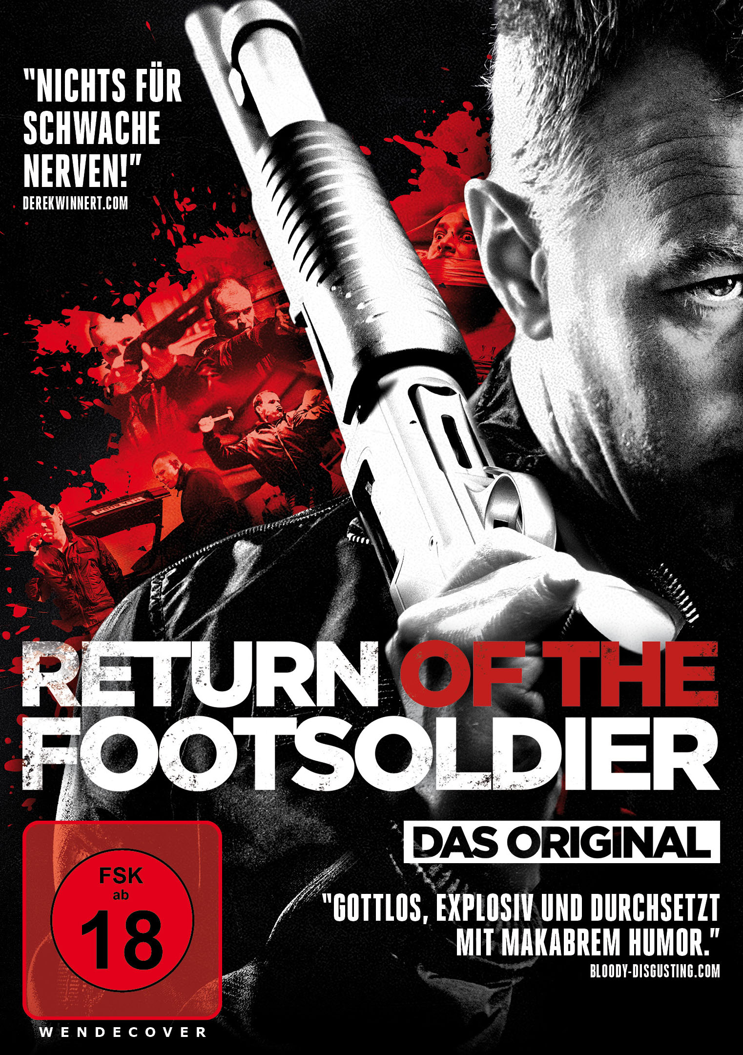 Filmcover mit einem Mann, der eine Waffe hält, Blut und einem roten Titel.