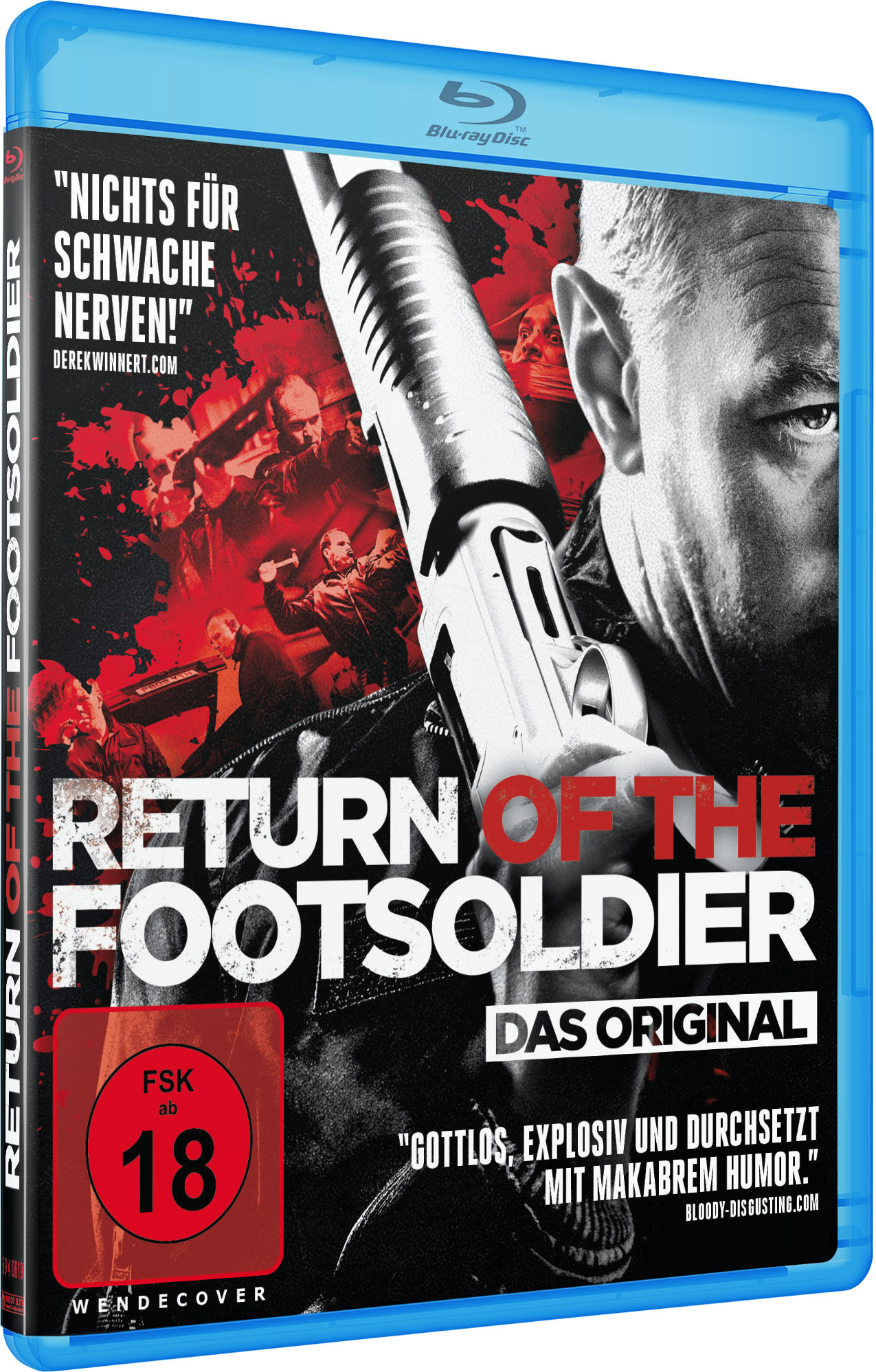 Blu-ray-Cover: Return of the Footsoldier, mit Schrotflinte, Männergesicht und rotem Text.