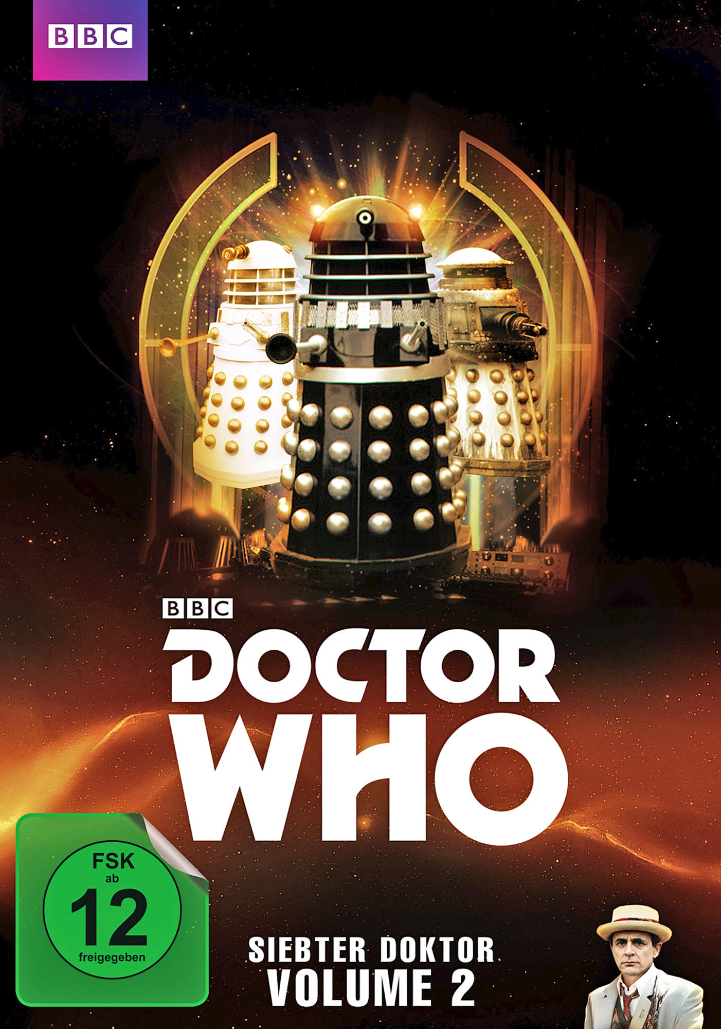 Doctor Who DVD-Cover mit Daleks in der Mitte. Der Hintergrund hat eine orange und schwarze Farbe.