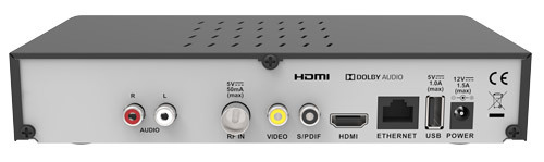 Rückseite eines digitalen Receivers mit Anschlüssen wie HDMI, Ethernet, USB und Audio/Video.
