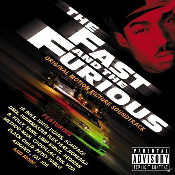 The Fast and the Furious Soundtrack-Cover mit einem grünen Auto, Gesichtern und Künstlernamen.