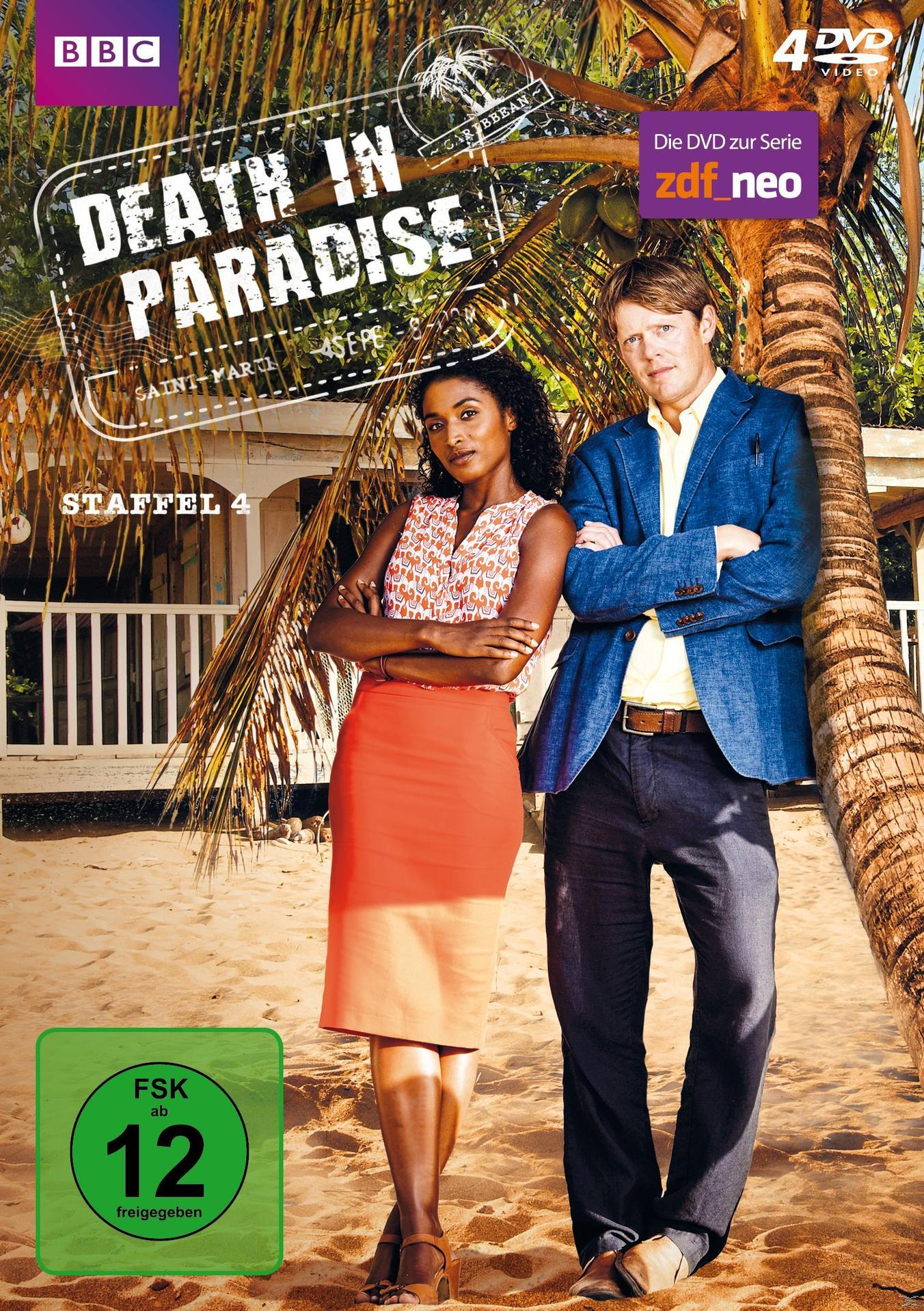 DVD-Cover der Serie Death in Paradise, zwei Personen am Strand mit Palmen.